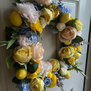 Floral Wreath with Yellow and Blue Accents lemons 18 inches